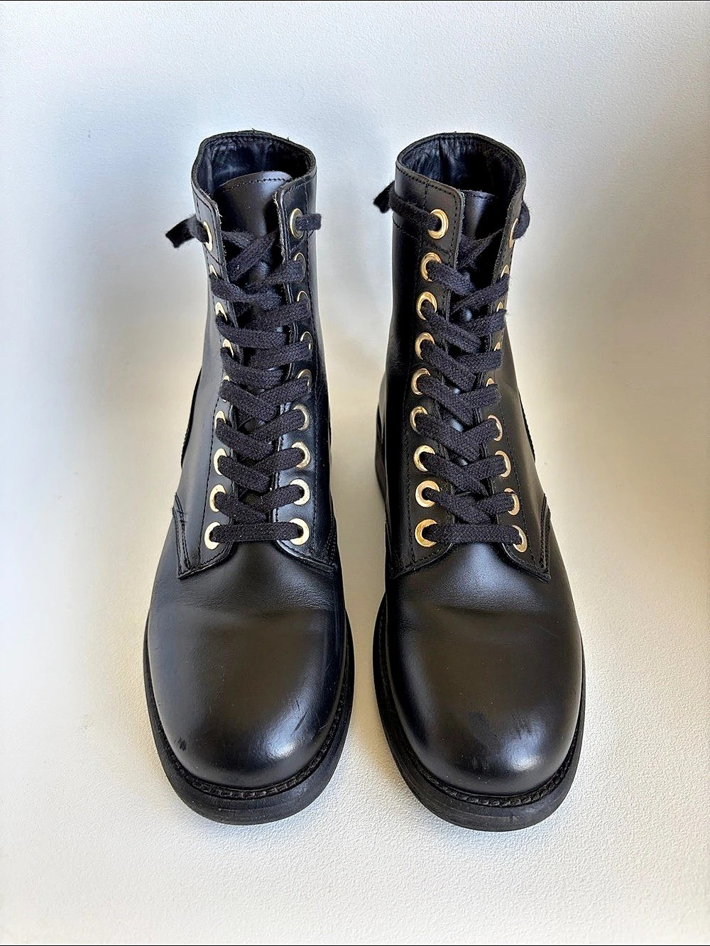 Sandro Black Leather Combat Boots Gold  Hardware